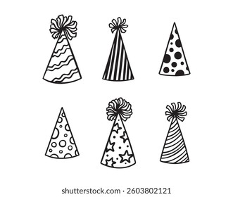 Festive party hats hand drawn doodle funny set. Party hats drawing outline elements set. Vector illustration