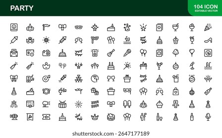 Festive Party Icons Pack in Minimal Line Art Style Showcasing Celebration, Food, Drinks, and Music