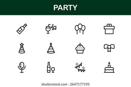 Festive Party Icons Pack in Minimal Line Art Style Showcasing Celebration, Food, Drinks, and Music