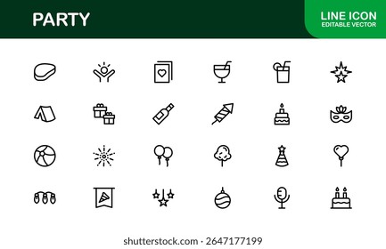 Festive Party Icons Pack in Minimal Line Art Style Showcasing Celebration, Food, Drinks, and Music