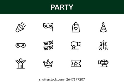 Festive Party Icons Pack in Minimal Line Art Style Showcasing Celebration, Food, Drinks, and Music