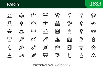 Festive Party Icons Pack in Minimal Line Art Style Showcasing Celebration, Food, Drinks, and Music