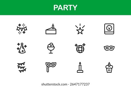 Festive Party Icons Pack in Minimal Line Art Style Showcasing Celebration, Food, Drinks, and Music