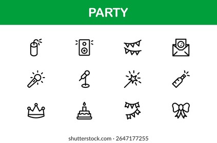 Ícones de festa festiva Pacote em linha de arte estilo minimal mostrando celebração, comida, bebidas e música