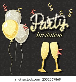 festive party invitation template on black background