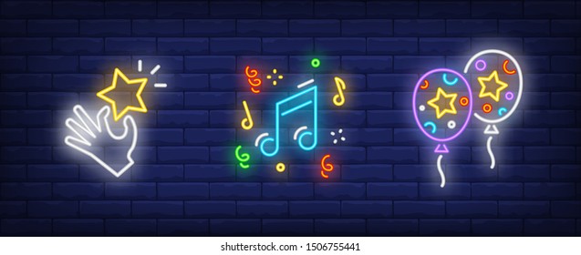 Festive party neon sign set with hand holding star, music notes and air balloons. Vector illustration in neon style, bright banner for topics like celebration, success, award