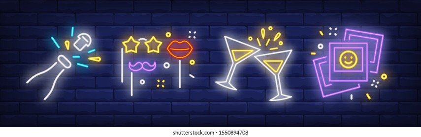 Festive party neon sign set. Fizzy wine bottle opening, masks on sticks, pictures. Vector illustration in neon style for topics like New Year, carnival, masquerade