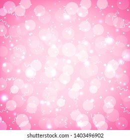 Festive party pink background with confetti, bokeh and serpentine. Soft pink pastel holiday background with sparkles. Vector greeting card