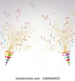 festive party popper with colorful and gold confetti on a light background
