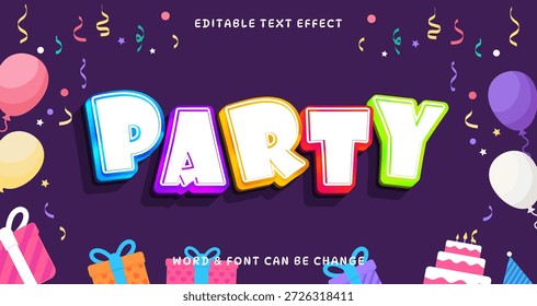 Festlicher Party-Texteffekt mit Ballons, Geschenken und Konfetti, Feiern eines besonderen Anlasses