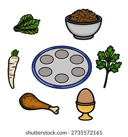 Festive Passover Seder Plate Elements Vector Illustration