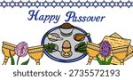 Festive Passover Seder plate vector banner with matzah, wine cups, and symbolic foods, decorated with Star of David border
