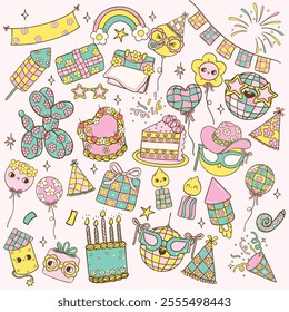 Festive Pastel Party Celebration New Year and Birthday icon cartoon doodle Hand Drawn Set