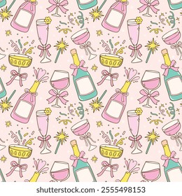 Festive Pastel Party Champagne Drink Seamless Pattern Celebration New Year and Birthday cartoon doodle isolated on background
