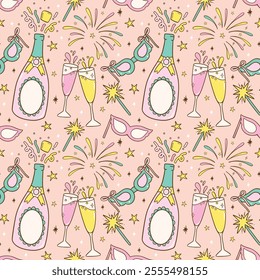 Festive Pastel Party Drink Seamless Pattern New Year and Birthday cartoon doodle isolated on background
