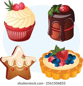 Festive Pastry Collection with Red Velvet Cupcake, Chocolate Cranberry Minicake, Star Shaped Gingerbread Cookie and Fruit Tart 