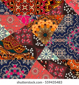 Festive patchwork pattern in indian style with flower - mandala. Bright vector illustration. Hippie design. Blanket, wrapping, print for fabric.