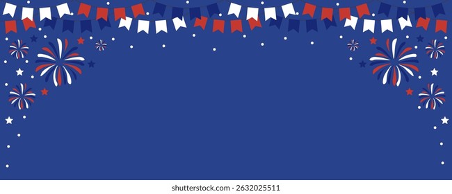 Festive patriotic background in red, white and blue featuring bunting banners, fireworks and stars on a dark blue backdrop. Perfect for celebrations Independence Day, Memorial Day.Vector illustration