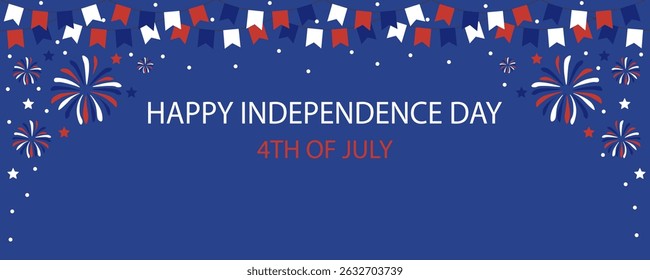 Festive patriotic background in red, white and blue featuring bunting banners, fireworks and stars on a dark blue backdrop. Perfect for celebrations Independence Day, Memorial Day.Vector illustration
