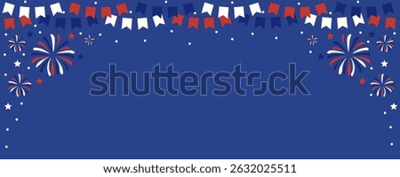 Festive patriotic background in red, white and blue featuring bunting banners, fireworks and stars on a dark blue backdrop. Perfect for celebrations Independence Day, Memorial Day.Vector illustration