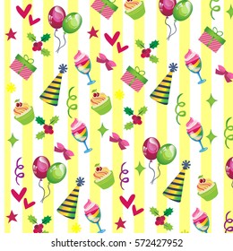 festive pattern: beads, festive hats, cupcakes, cocktails, gifts