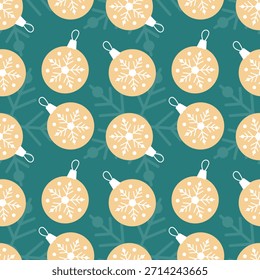 Padrão festivo com bolas de árvore de Natal bege e flocos de neve. Atmosfera de Ano Novo. Ilustração vetorial