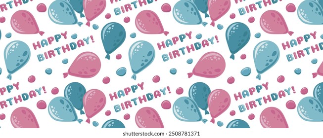 Padrão festivo de aniversário. Balões multicoloridos, confetes e inscrições congratulatórias. Fundo do vetor. Para têxteis, tecido, papel de parede, embalagem.