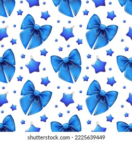 Festive pattern with blue shiny bows and cartoon-style stars on white background