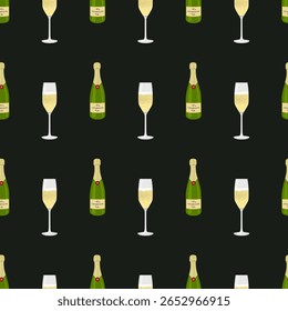 Festive pattern with a bottle and a glass of champagne. New Year's vector pattern on a green background.