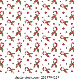 Festive Pattern Of Candy Cane with Mistletoe and Christmas Elements For Holiday Celebration. Decorative Illustration Featuring Xmas Objects, Perfect For Wrapping Paper, Cards, And Wallpaper.