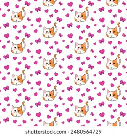 Patrón festivo con gato, corazones y arcos. Patrón para el día internacional del gato. Patrón sin fisuras de gato Kawaii.