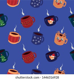 Festive pattern. Christmas, New Year. Cute mugs, hot drinks. Presents.
