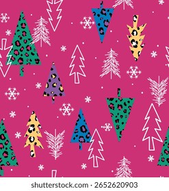 Festive pattern, Christmas and New Year decoration.
Fabulous multi-colored spruce forest on the background of pale purple-pink. Snow in the forest.
Seamless pattern for printing on fabric, paper, wall