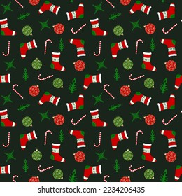 Festive pattern with Christmas socks, candies and Christmas toys on a dark green background. Vector illustration.