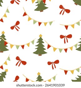 Festive pattern with Christmas trees, bows, and decorative banners for holiday cheer. vector illustration