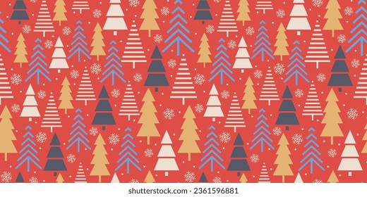 Festive pattern, Christmas trees. Forest on a red background. Snow in the forest. Vector illustration.