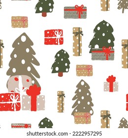 Festive pattern of Christmas trees and gifts on a white background. New Year's print for wrapping paper