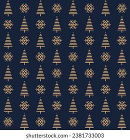 Festive pattern, Christmas trees on a blue snow background in the forest. Vector illustration.