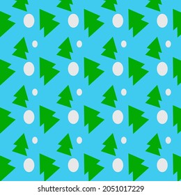 Festive pattern with Christmas trees and snowflakes on a blue background. 