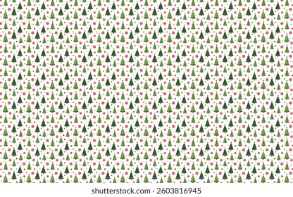 a festive pattern with Christmas trees, stars, and snowflakes in red and green