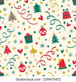 Festive pattern with Christmas trees, toys and gifts.
