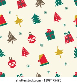Festive pattern with Christmas trees, toys and gifts.
