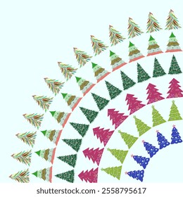 Festive pattern with a circular image of colorful Christmas trees