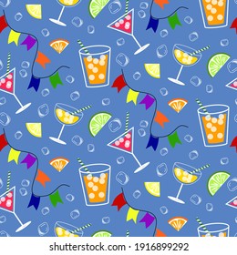 Festive pattern with cocktails, fruits and flags. Illustration of the summer holiday atmosphere. Modern design for gifts, invitations, scrapbooking and wrapping paper, fabric.