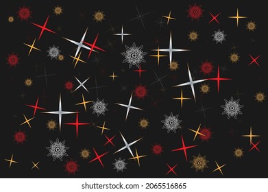 Festive pattern of colored snowflakes and highlights on a black background. Vector illustration for the design of Christmas cards, banners, posters