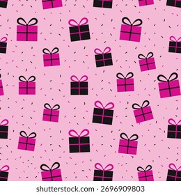 Patrón festivo de coloridas cajas de regalo con cintas sobre fondo rosa. Elemento de decoración festiva y papel de regalo para año nuevo o cumpleaños. Vector.