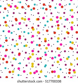 Festive pattern with colorful little circles. Chaotic polka dot background. Abstract round seamless pattern. Dotted texture. Vector illustration.