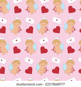  Festive pattern with cupid and red heart on a pink background.Valentine's Day.