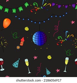 A festive pattern with a dark background and party items. Blue disco ball, multicolored flags, garlands, lanterns