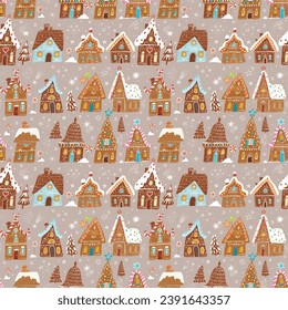 Festive pattern with decorated gingerbread houses, intermingled with Christmas trees, sweets and snowflakes on beige background. Can be used for wallpaper, pattern fills, textile, surface textures